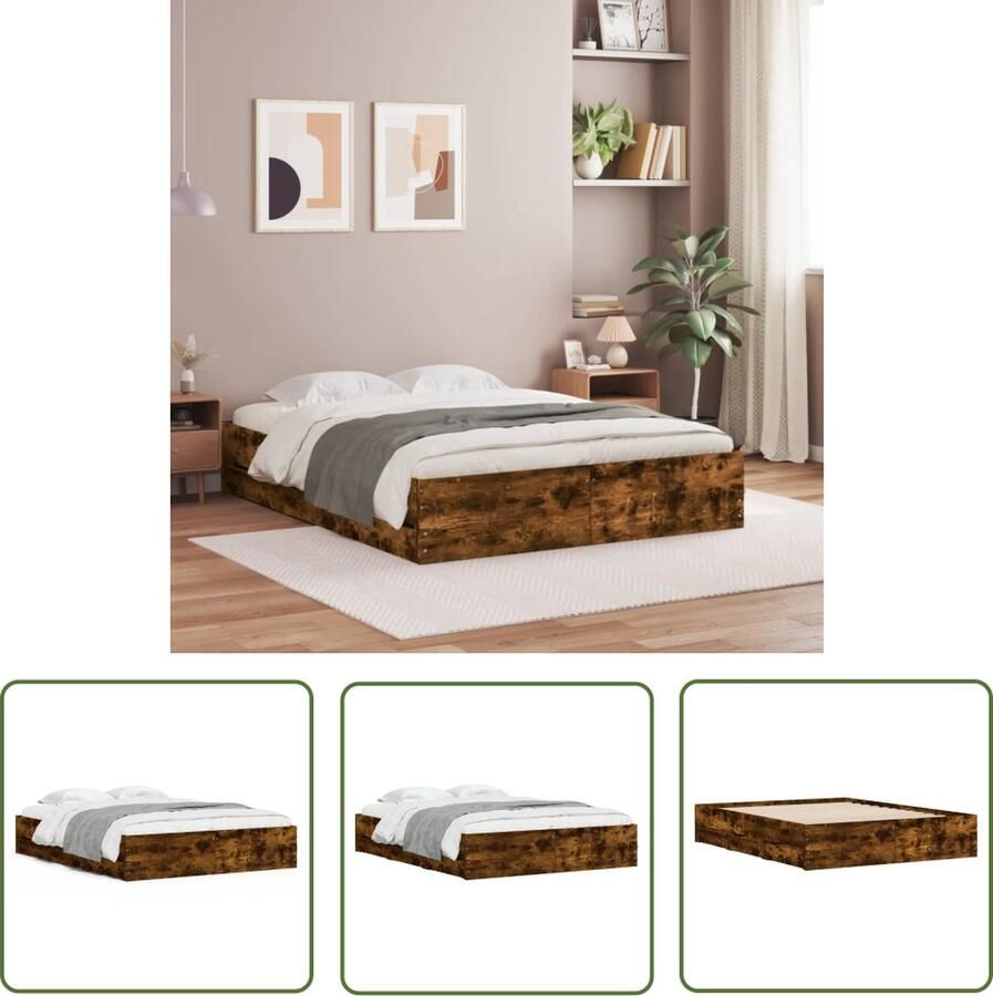 The Living Store Bedframe Bed met Lades 203 x 143 x 33 cm Gerookt Eiken Bewerkt Hout Bed Frame Tweepersoons Bed Houten Bed Slaapkamers Design Meubels