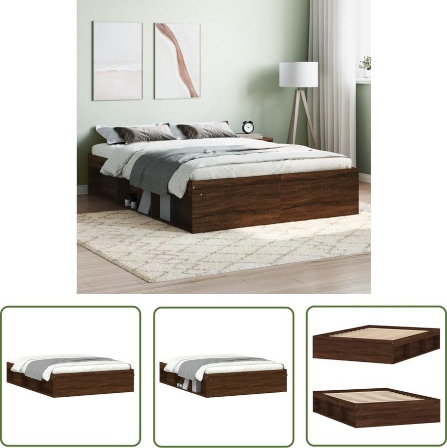 The Living Store Bed Bruineiken 193x138cm Houten Bedframe met Lattenbodem 6 Opbergvakken Houten Bed Tweepersoons Bed Slaapcomfort Design Bed Bruine Eiken Kleur