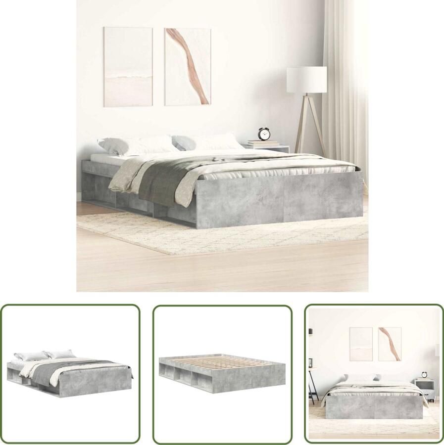 The Living Store Bedframe Houten Multiplex lattenbodem Betongrijs 203x153x35 cm Houten Bed Frame Tweepersoons Bed Beton Grijs Bed Modern Bed Multiplex Lattenbodem
