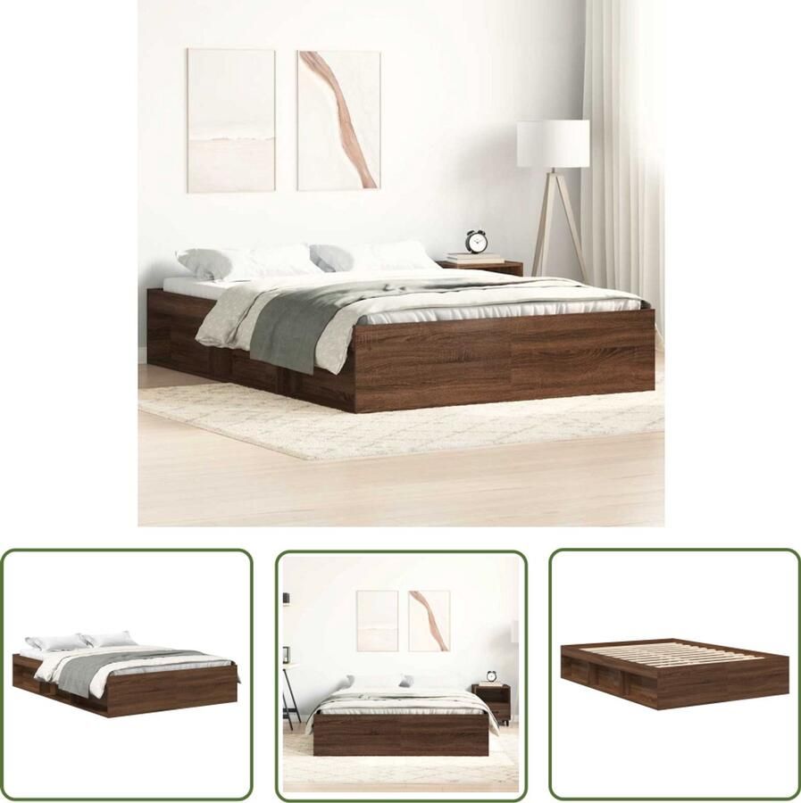 The Living Store Bedframe Houten Logeerbed 203 x 163 x 35 cm Bruineiken Houten Bed Frame Tweepersoons Bed Bruine Eiken Kleur Modern Design Opbergvakken