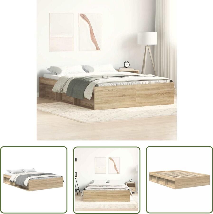 The Living Store Bed Sonoma eiken Houten bedframe 140 x 200 cm Houten Bed Frame Tweepersoons Bed Sonoma Eiken Modern Bed Met Opbergvakken