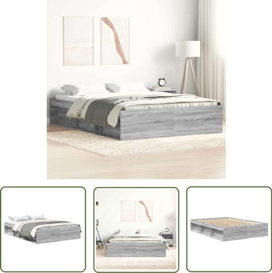 The Living Store Bedframe Grijs Sonoma Eiken Houten 203 x 143 x 35 cm Met opbergruimte Houten Bedframe Tweepersoons Bed Grijze Bed Sonoma Eiken Bed Met Opbergvak