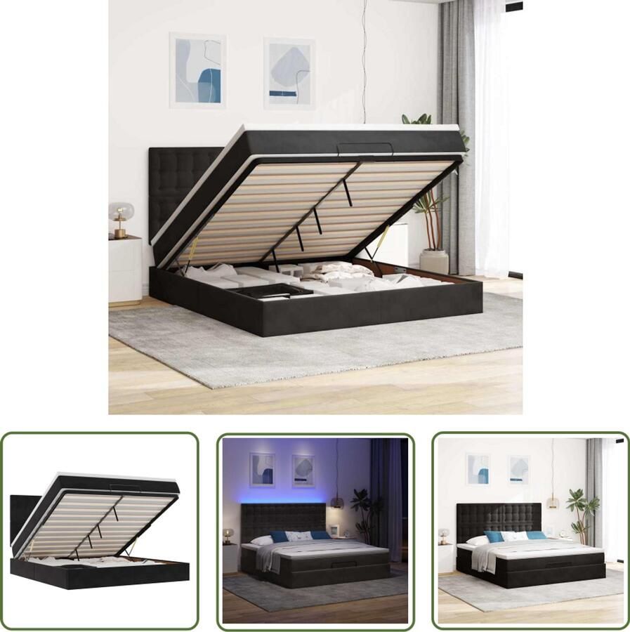 The Living Store Ottoman bed met matrassen en LED's 160x200cm fluweel zwart Ottoman Bed Tweepersoons Bed Boxspring Bed Led Bed Velvet Bed