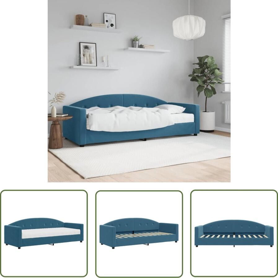 The Living Store Slaapbank 2-in-1 Blauw Fluweel 222x90x75 Schuimmatras Hout Metaal Slaapbank Tweepersoons Bed Sofa Bed Lounge Bed Meubels