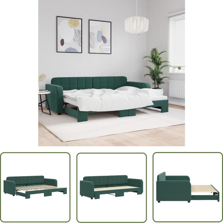 The Living Store Slaapbank 2-in-1 Donkergroen Fluweel 223 x 173.5 cm Gastenbed Hout en Metaal Slaapbank Tweepersoons Bed Donkere Meubels Fluweel Sofa Lounge Bank - Foto 2