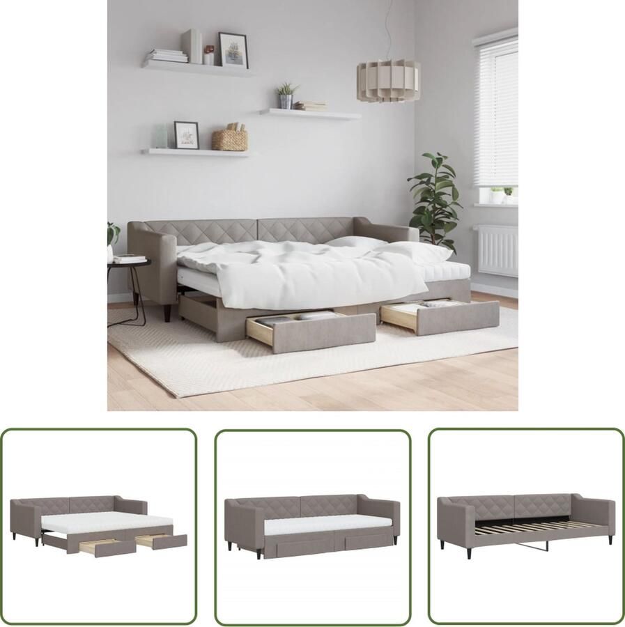 VidaXL Slaapbank met onderschuifbed en lades 80x200 cm stof taupe Slaapbank Tweepersoons Bed Logeerbed Sofa Bed Stapelbed