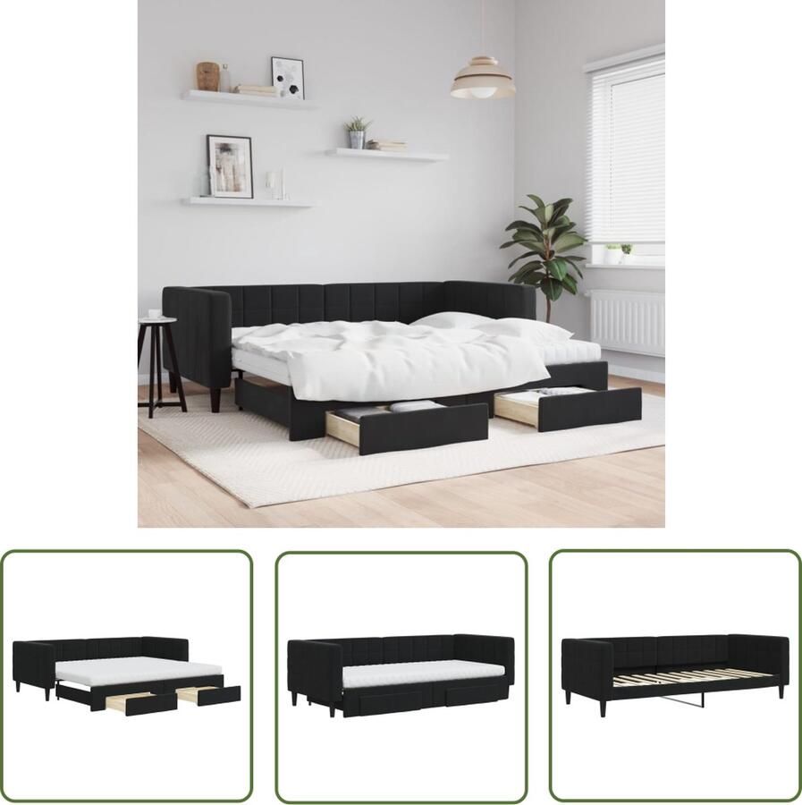 The Living Store Slaapbank met onderschuifbed 223x192.5x68 cm Zwarte fluwelen bekleding 2 lades Schuimmatras Massief hout metaal frame Slaapbank Tweepersoons Bed Zwarte Meubels Designmeubel Lounge Sofa