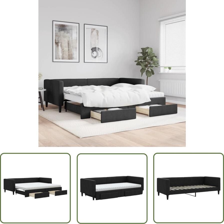 VidaXL Slaapbank met onderschuifbed en lades 90x200 cm stof zwart Slaapbank Tweepersoons Bed Logeerbed Boxspring Zitmeubel