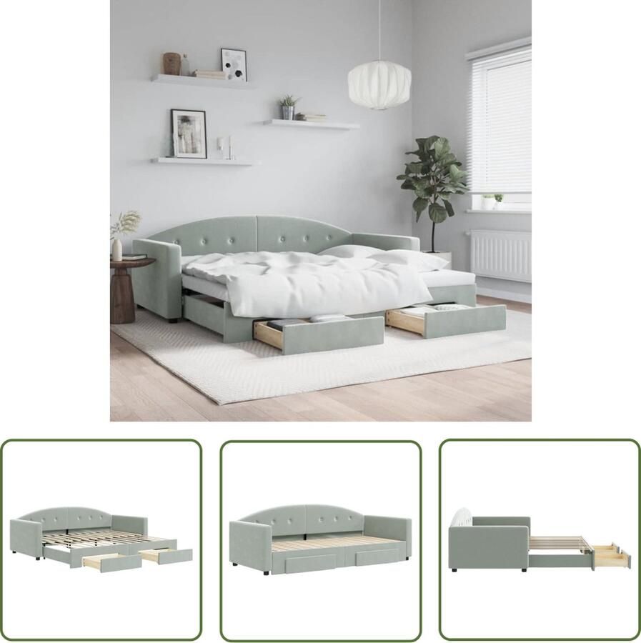 The Living Store Slaapbank met onderschuifbed Lichtgrijs fluweel 222x100x75 cm Veel opbergruimte Slaapbank Tweepersoons Bed Onderschuifbed Boxspring Lounge Sofa
