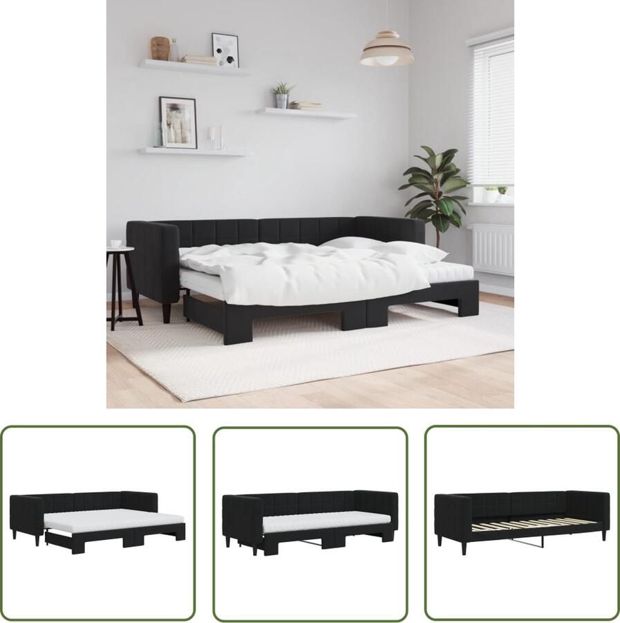 The Living Store Slaapbank 2-in-1 Zwart Fluweel 223x90x68 cm Comfortabel schuimmatras Solide houten frame Slaapbank Tweepersoons Bed Onderschuifbed Sofa Bed Zwarte Slaapbank