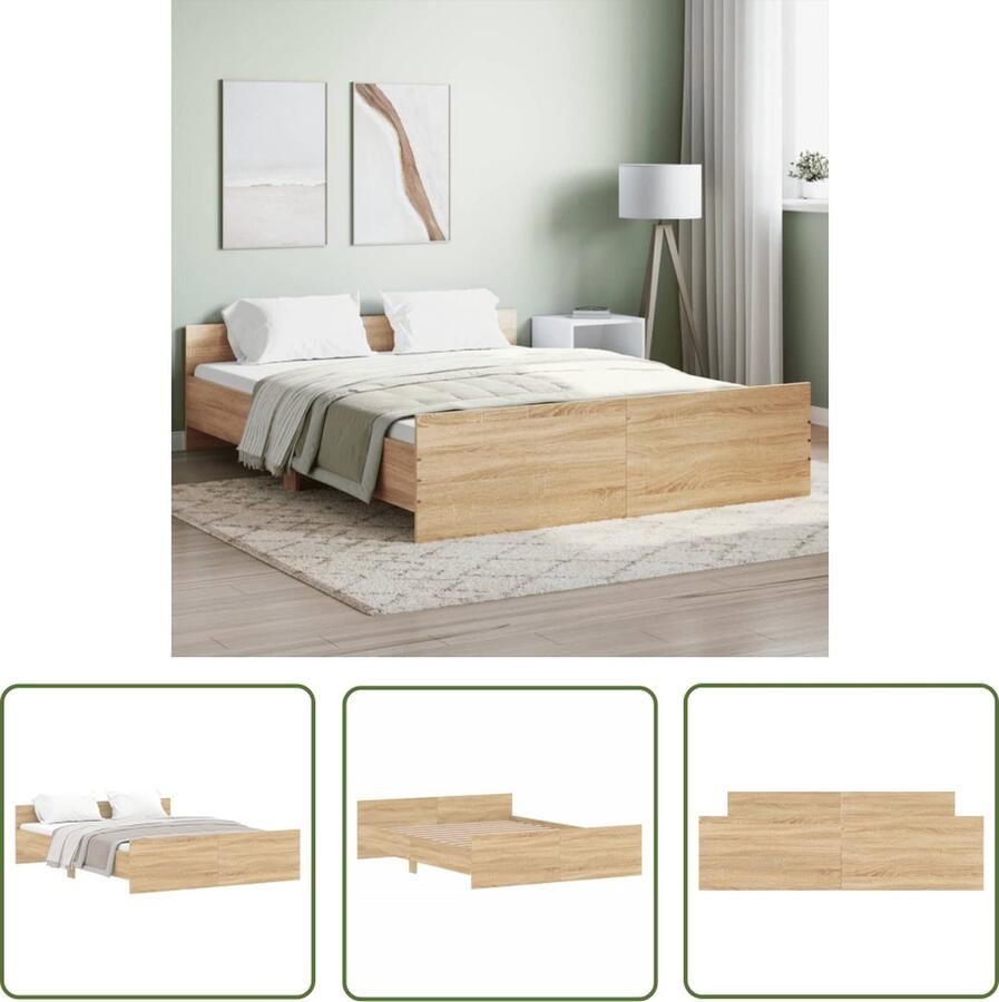 The Living Store Bedframe Functioneel hoofd- en voeteneinde Stevige lattenbodem Sonoma eiken 203x163x50 cm Slaapcomfort Tweepersoons Bed Houten Bed Frame Bed Frame Met Hoofdeind Bed Frame Met Voeteneind