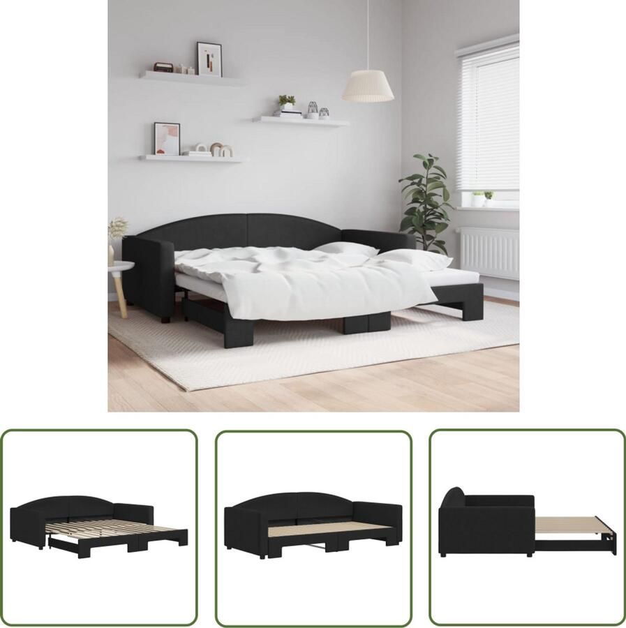 The Living Store Slaapbank met onderschuifbed 100x200 cm stof zwart Slaapbank Tweepersoonsbank Multifunctionele Meubels Designmeubelen Zwarte Bank
