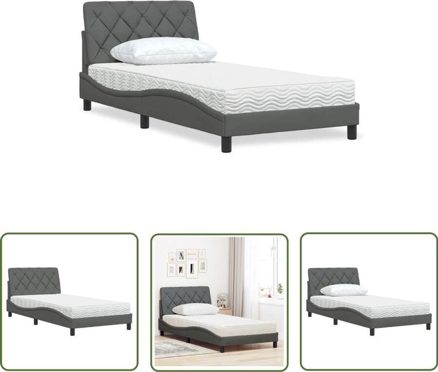 VidaXL Tweepersoonsbed Bed Frame Bed met matras stof donkergrijs 100x200 cm Donkere Kleuren Houten Bed Metalen Bed