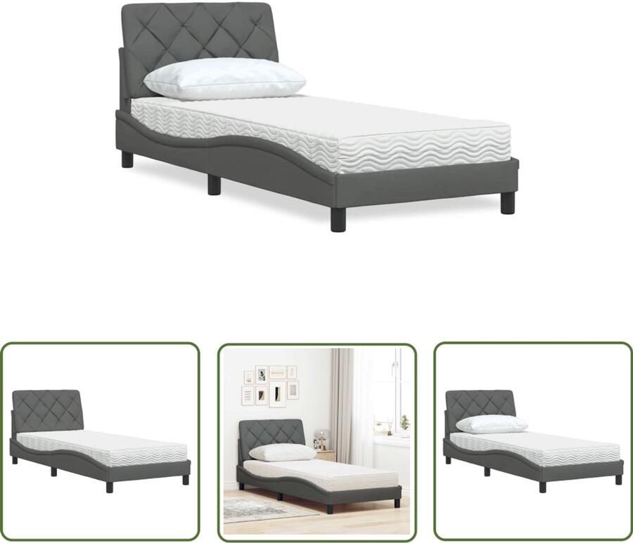 VidaXL Tweepersoonsbed Bed Frame Bed met matras stof donkergrijs 90x190 cm Donkere Kleur Houten Bed Metalen Bed