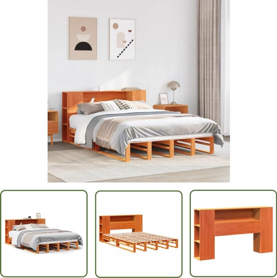 The Living Store Bed met boekenkast zonder matras hout wasbruin 140x200 cm Boekenkastenbed Tweepersoonsbed Houten Bed Stapelbed Slaapkamersmeubel