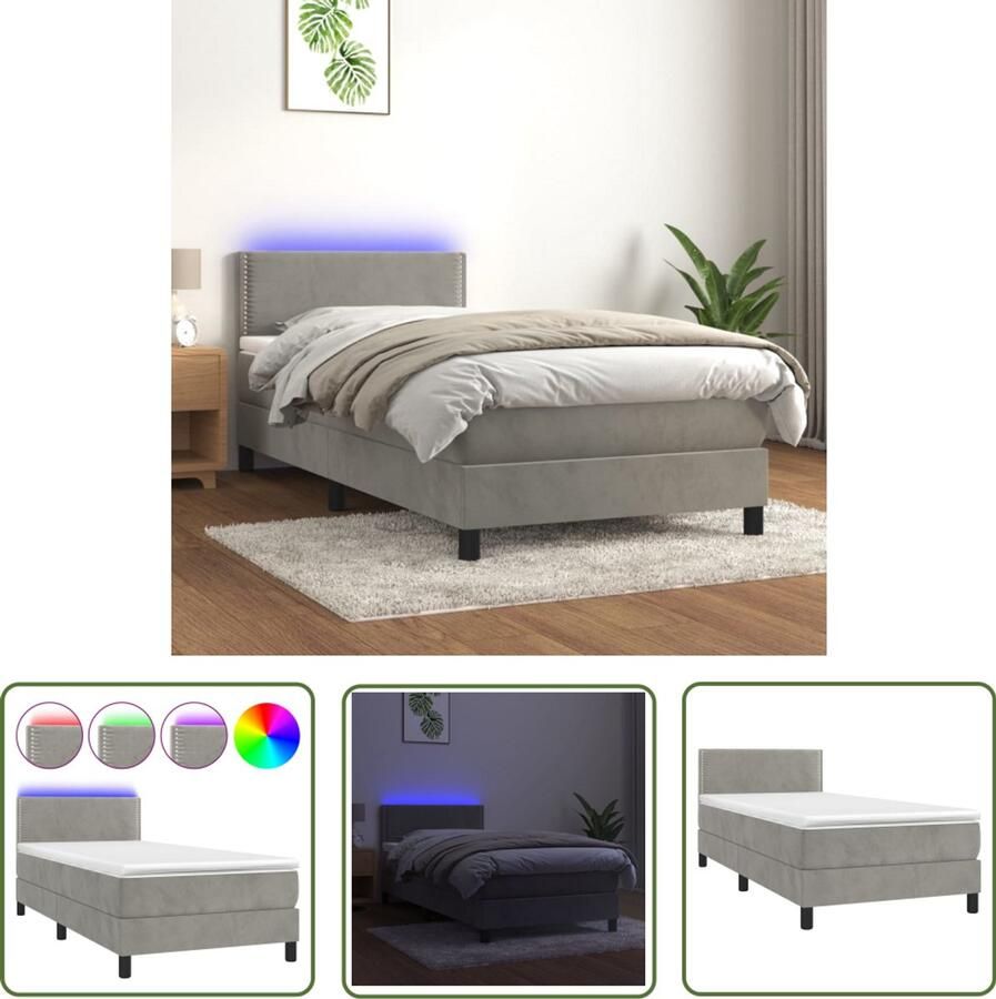 The Living Store Boxspring met matras en LED fluweel lichtgrijs 90x190 cm Boxspring Tweepersoonsbed Led Lamp Velvet Bed Slaapcomfort