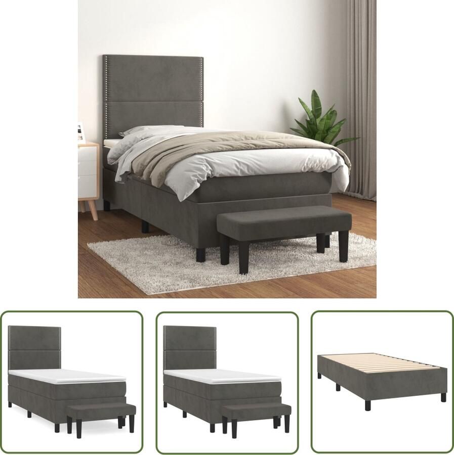 The Living Store Bedframe Donkergrijs Fluweel 193 x 90 x 118 128 cm Pocketvering Matras Middelharde Ondersteuning Huidvriendelijk Topmatras Multifunctioneel Bankje
