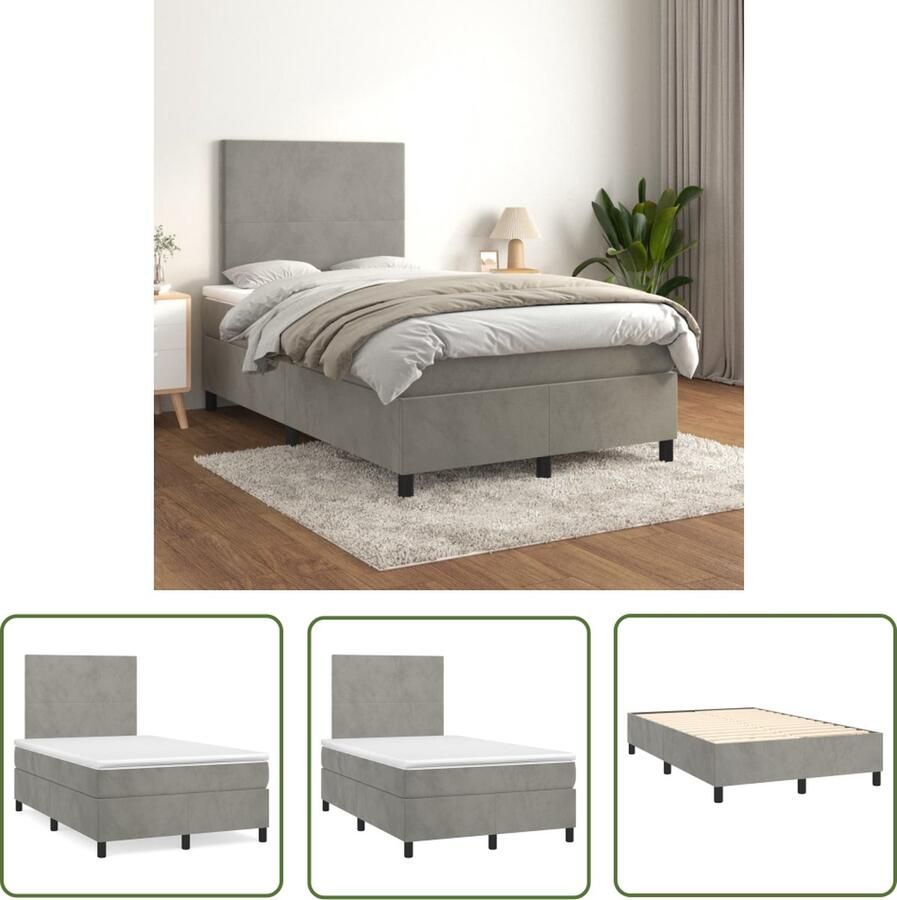The Living Store Boxspringbed Zacht fluweel Praktisch hoofdbord Pocketvering matras Middelharde ondersteuning Huidvriendelijk topmatras Kleur- lichtgrijs Afmetingen- 203 x 120 x 118 128 cm