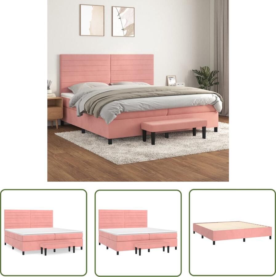 The Living Store Bedset Roze Boxspring 203x200x118 128 Fluweel Verstelbaar Hoofdbord Pocketvering Middelharde Ondersteuning Huidvriendelijk Topmatras Multifunctioneel Bankje