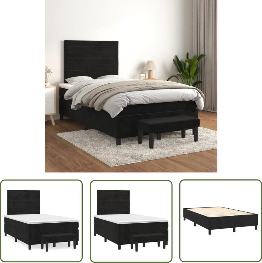 The Living Store Bedframe Zwart Zacht Fluweel 203x120x118 128cm Pocketvering Matras Middelharde Ondersteuning Huidvriendelijk Topmatras Multifunctioneel Bankje