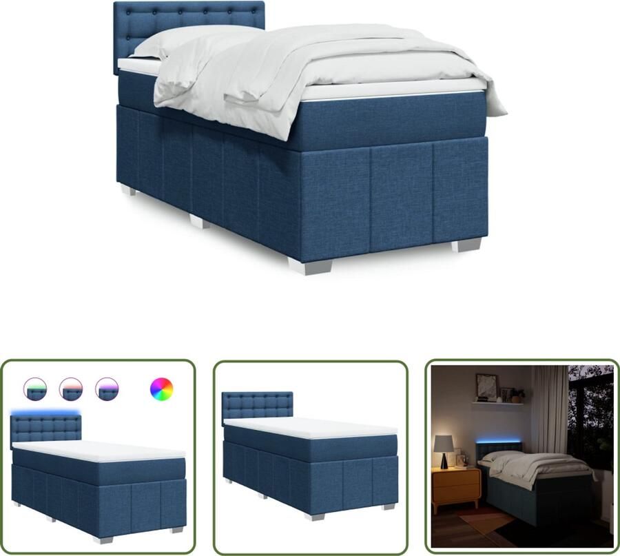 VidaXL Boxspring met matras stof blauw 100x200 cm Boxspring Tweepersoonsbed Matras Led Strip Blue Bedroom Decor