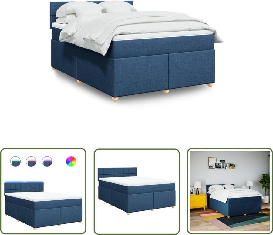 The Living Store Boxspring met matras stof blauw 160x200 cm Boxspring Tweepersoonsbed Led-verlichting Pocketveringmatras Blauwe Bed Frame