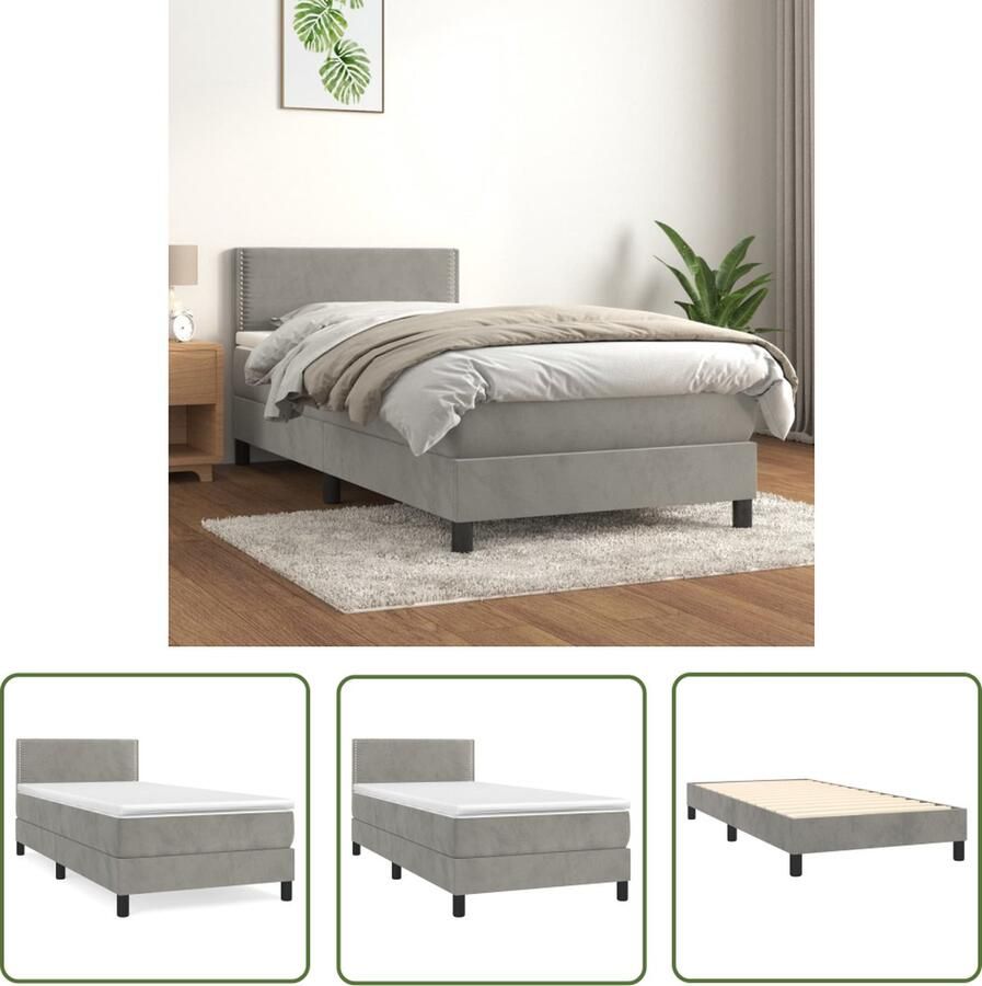 The Living Store Boxspring met matras fluweel lichtgrijs 90x190 cm Boxspringbed Tweepersoonsbed Bed Frame Velvet Bed Grijs Bed