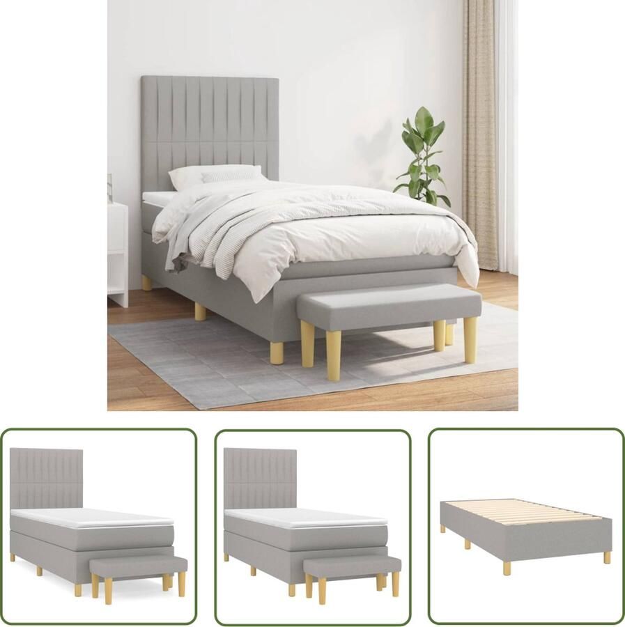 The Living Store Bedframe Pocketvering 203 x 83 x 118 128 cm Lichtgrijs Ademend en Duurzaam Verstelbaar Hoofdbord Middelharde Ondersteuning Inclusief Matras Topmatras en Bankje