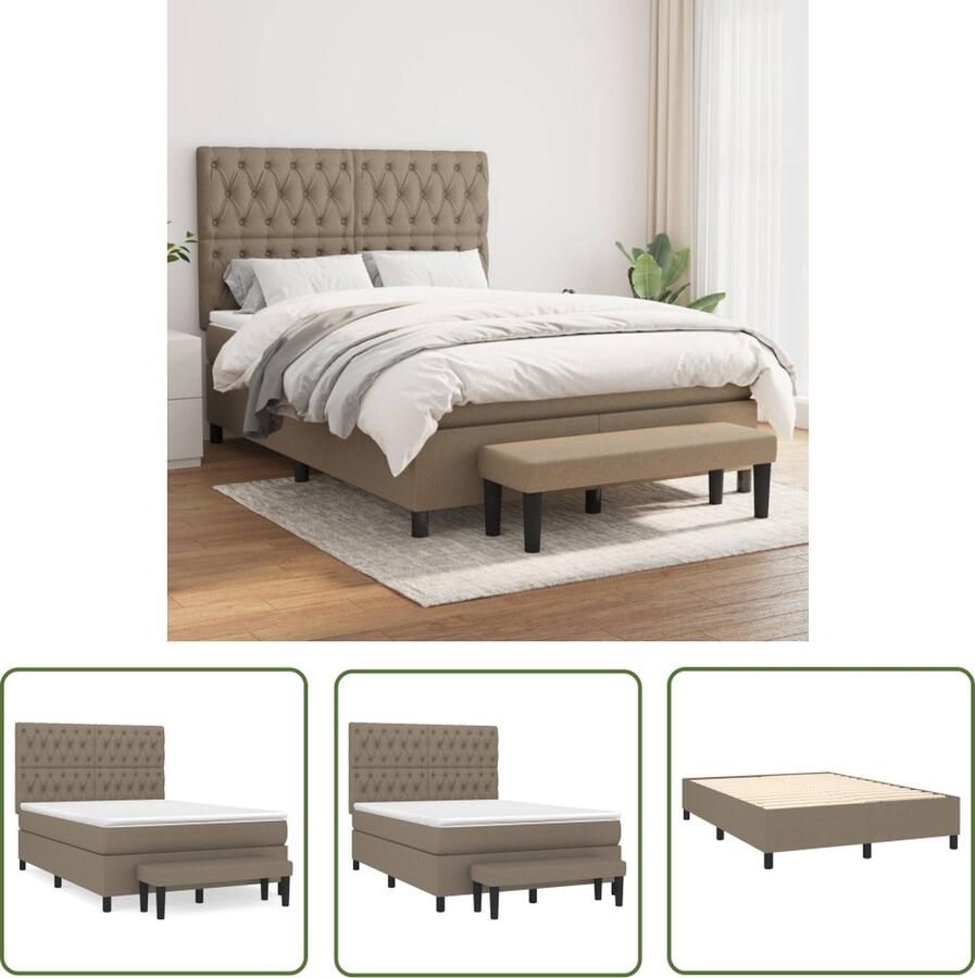 VidaXL Tweepersoonsbed Boxspringbed Boxspring met matras stof taupe 140x190 cm Frame Bed Met Hoofdbord Taupe Bed