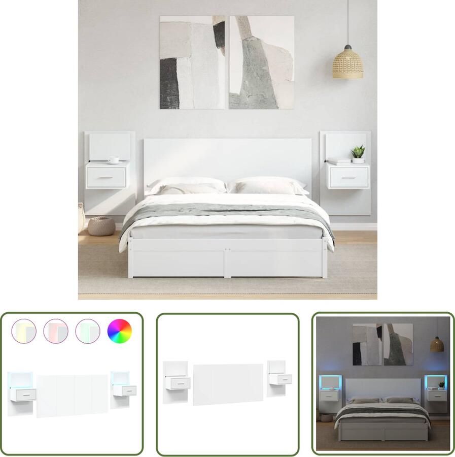 The Living Store Zwevend Hoofdbord met Nachtkastjes 160 x 80 cm RGB LED-verlichting Hoofdbord Tweepersoonsbed Nachtkastjes Led Verlichting Rgb Verlichting