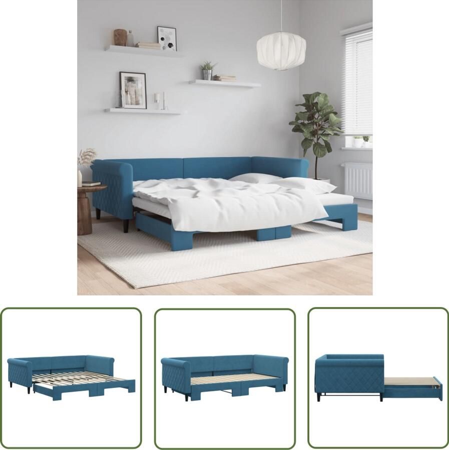 The Living Store Slaapbank met onderschuifbed 100x200 cm fluweel blauw Slaapbank Tweepersoonsbed Sofa Bed Gastenkamer Blauwe Meubels