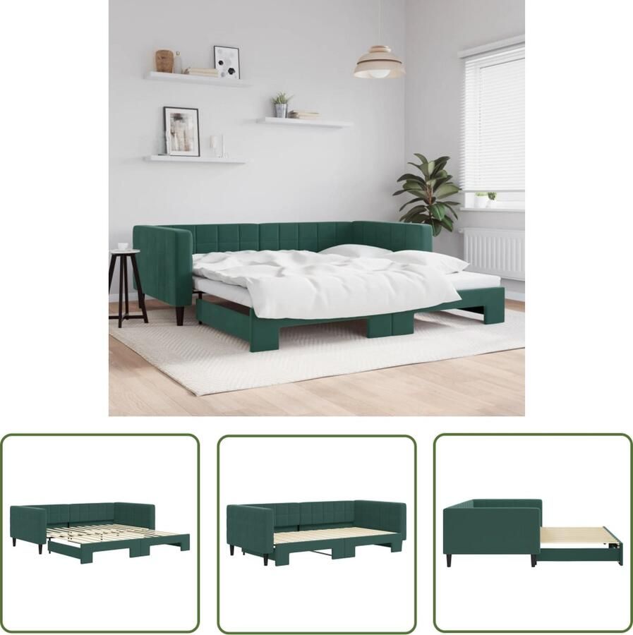 VidaXL Slaapbank met onderschuifbed 100x200 cm fluweel donkergroen Slaapbank Tweepersoonsbed Donkergroen Meubilair Lounge Sofa Multifunctioneel Meubilair