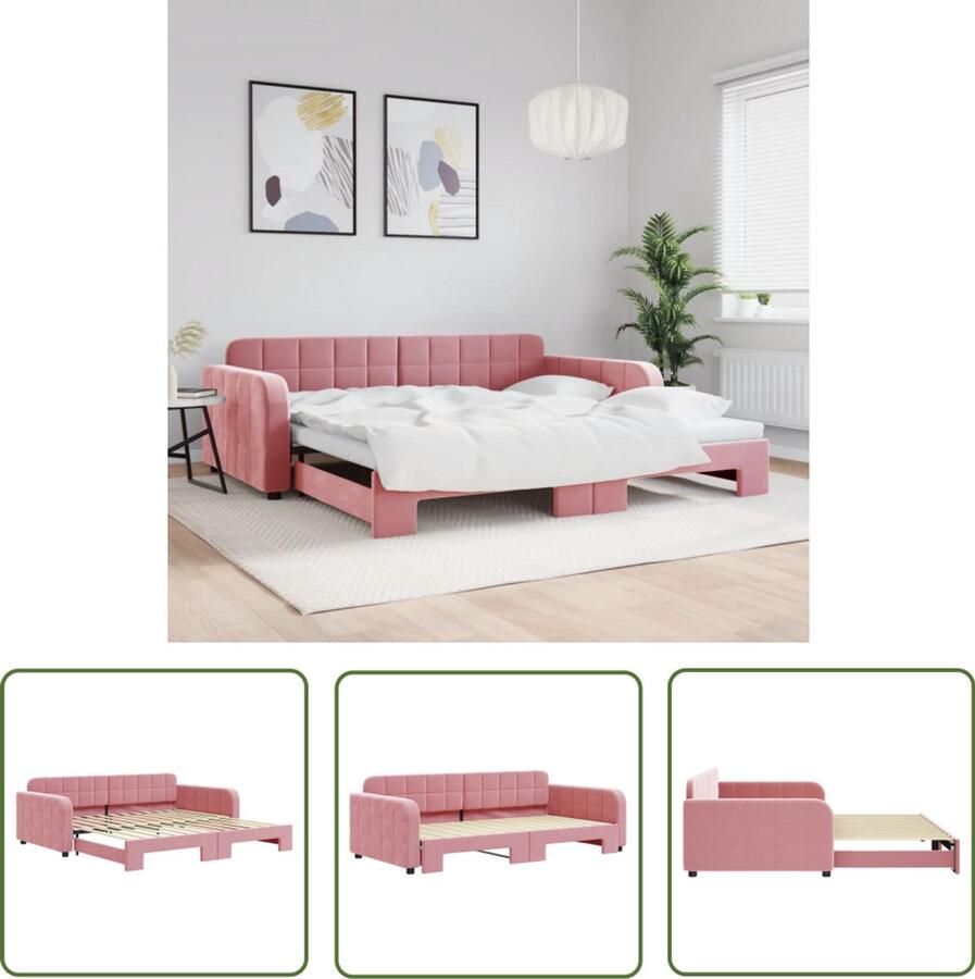 The Living Store Slaapbank met onderschuifbed 100x200 cm fluweel roze Slaapbank Tweepersoonsbed Fluweelslaapbank Rozeslaapbank Onderschuifbed