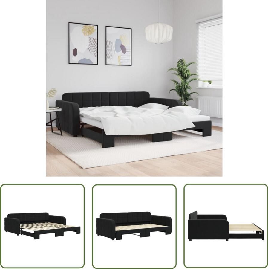 The Living Store Slaapbank met onderschuifbed 100x200 cm fluweel zwart Slaapbank Tweepersoonsbed Chesterfield Bank Zwarte Bank Fluweel Sofa