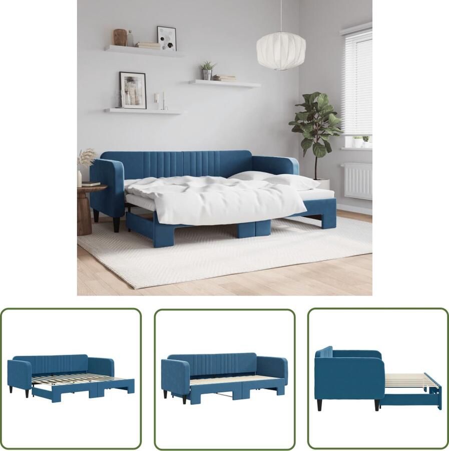 The Living Store Slaapbank 2-in-1 met onderschuifbed blauw fluweel 223x90x75cm modern ontwerp Slaapbank Tweepersoonsbed Sofa Bed Fluweelsofa Modereme Meubels