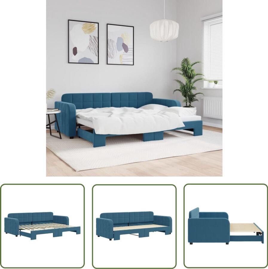 The Living Store Slaapbank met onderschuifbed 80x200 cm fluweel blauw Slaapbank Tweepersoonsbed Sofa Bed Fluweelsofa Lounge Meubilair