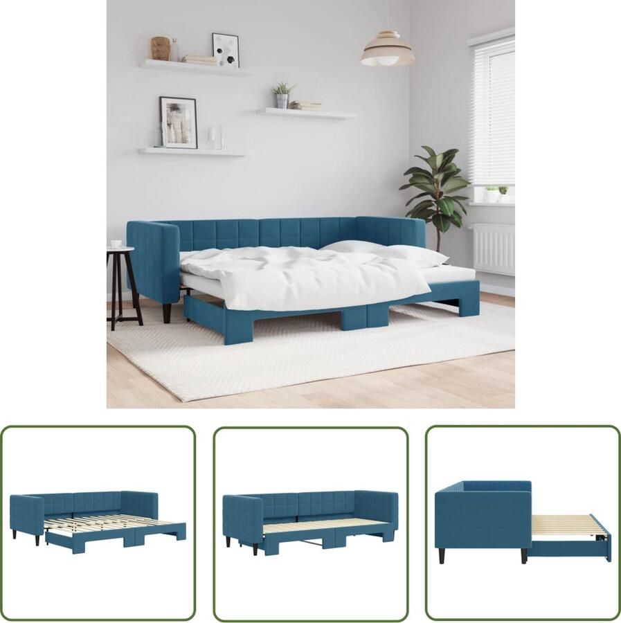 The Living Store Slaapbank met onderschuifbed 80x200 cm fluweel blauw Slaapbank Tweepersoonsbed Sofa Bed Kanapé Bed Blauwe Meubels