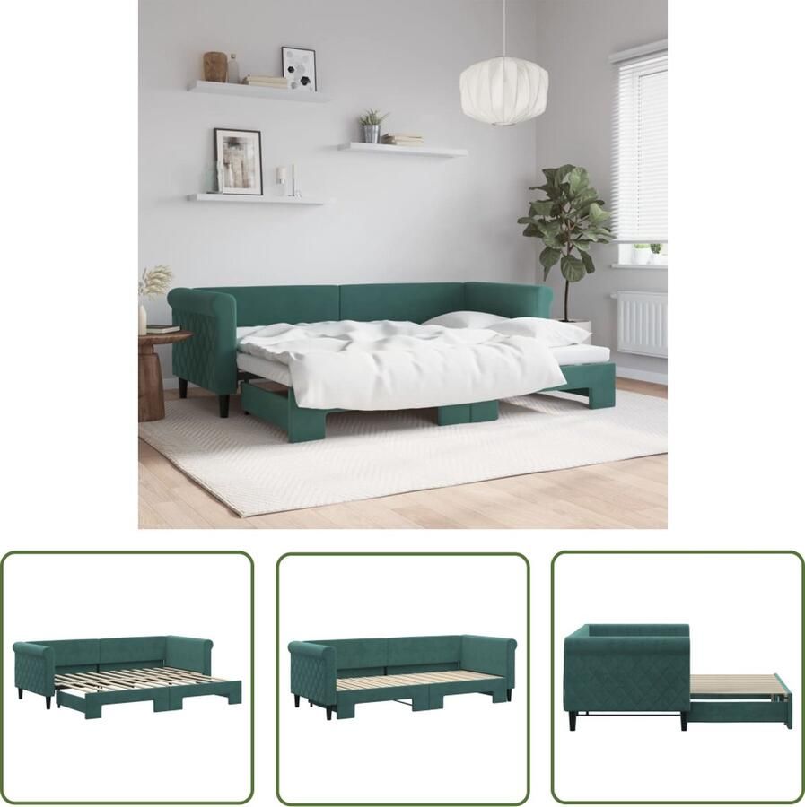 The Living Store Slaapbank 2-in-1 Donkergroen Afmetingen- 229 x 90 x 68 cm Fluweel Slaapbank Tweepersoonsbed Sofa Bed Donkere Kleuren Meubels Fluweel Meubelstoffen