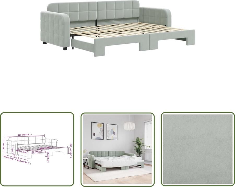 The Living Store Slaapbank met onderschuifbed 80x200 cm fluweel lichtgrijs Slaapbank Tweepersoonsbed Sofa Bed Lounge Meubilair Zitmeubels - Foto 2