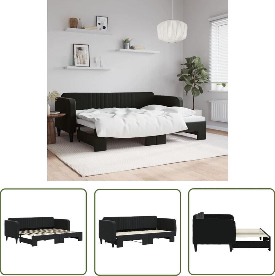 The Living Store Slaapbank 2-in-1 Zwart Fluweel 223x90x75 cm Geschikt voor matras 80x200 cm Exclusief matrassen Montage vereist Slaapbank Tweepersoonsbed Kanapé-bed Sofa Bed Lounge Meubilair