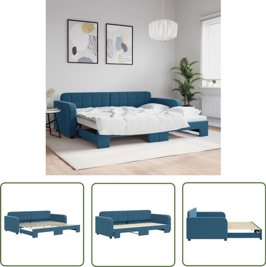 The Living Store Slaapbank met onderschuifbed 90x200 cm fluweel blauw Slaapbank Tweepersoonsbed Sofa Bed Lounge Meubilair Multifunctionele Bank