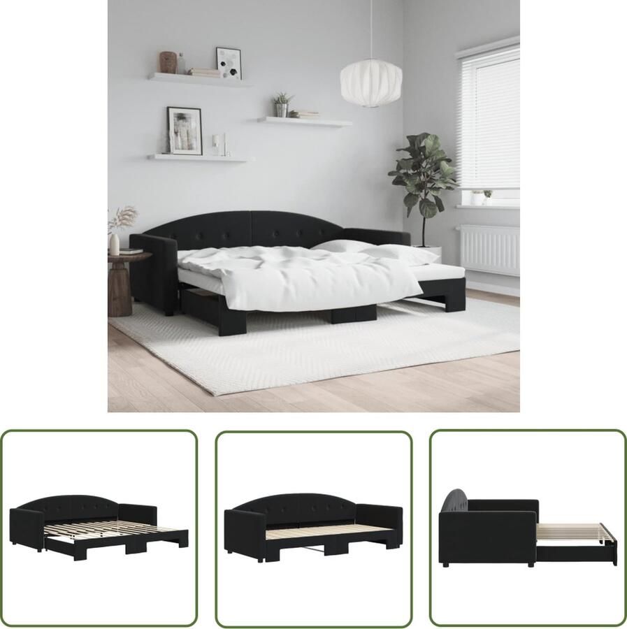 The Living Store Slaapbank met onderschuifbed 90x200 cm fluweel zwart Slaapbank Tweepersoonsbed Kanapé-lit Sofa Bed Lounge Meubilair