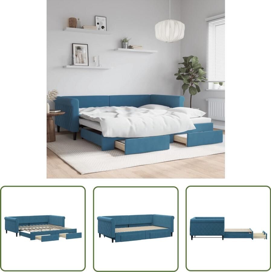 The Living Store Slaapbank met onderschuifbed en lades 100x200 cm fluweel blauw Slaapbank Tweepersoonsbed Sofa Bed Lounge Sofa Multifunctioneel Meubilair