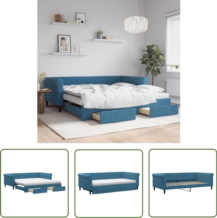 The Living Store Slaapbank met onderschuifbed en lades 100x200 cm fluweel blauw Slaapbank Tweepersoonsbed Sofa Bed Opbergruimte Boxspring