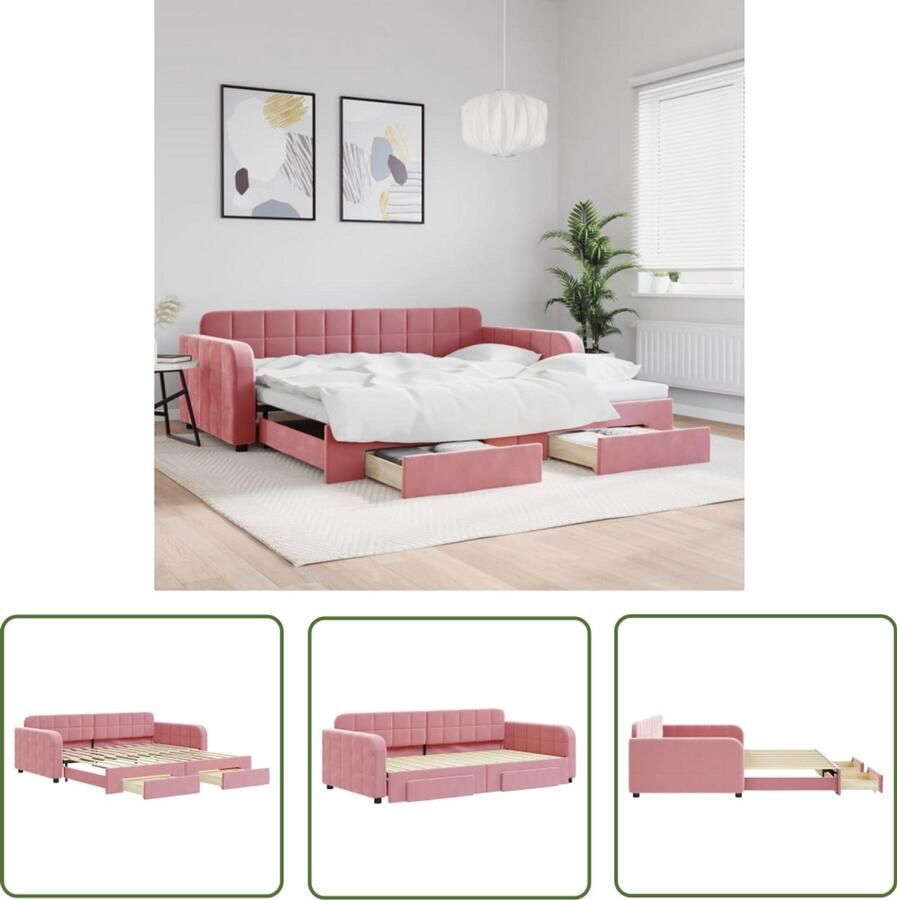 The Living Store Slaapbank met onderschuifbed en lades 100x200 cm fluweel roze Slaapbank Tweepersoonsbed Sofa Bed Opvouwbare Bank Rozenkleurige Meubels