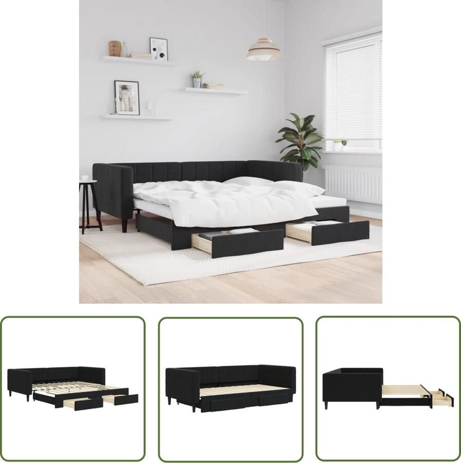 The Living Store Slaapbank met onderschuifbed en lades 100x200 cm fluweel zwart Slaapbank Tweepersoonsbed Kanapé Bed Lounge Sofa Bed Boxspring