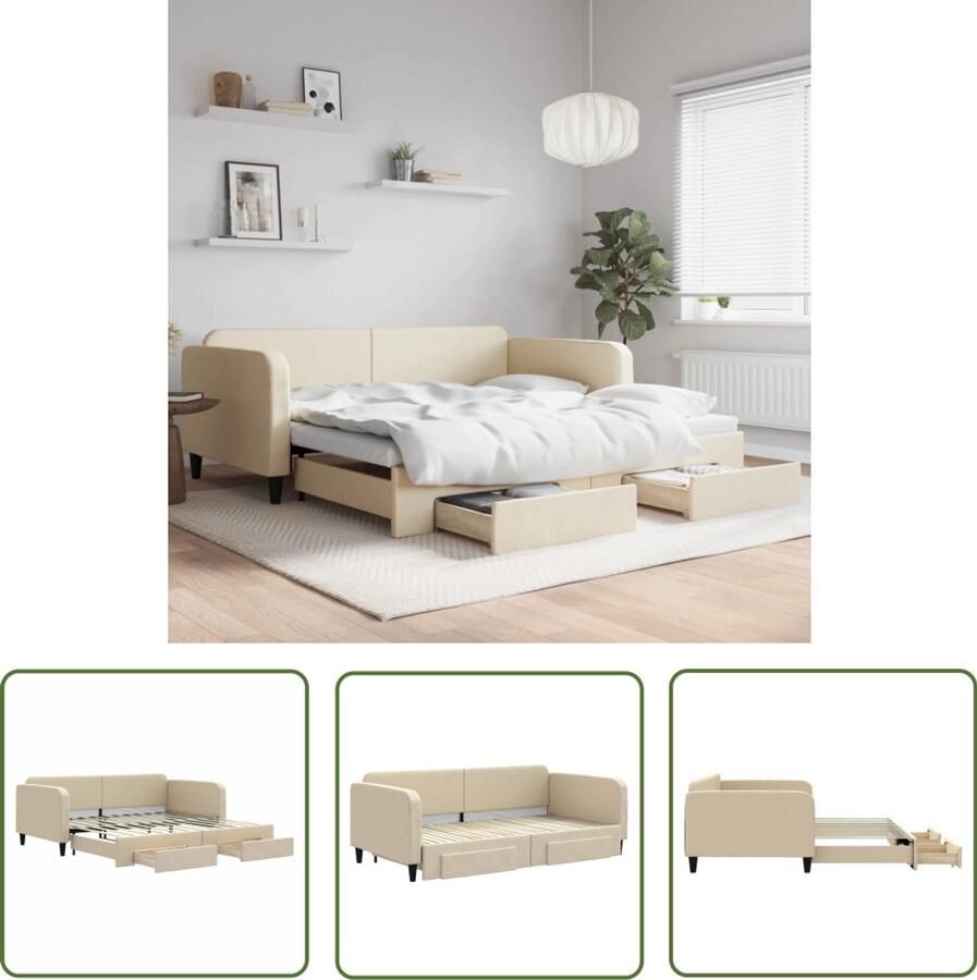 The Living Store Slaapbank met onderschuifbed en lades 100x200 cm stof crème Slaapbank Tweepersoonsbed Sofa Bed Opvouwbare Bank Bankstel