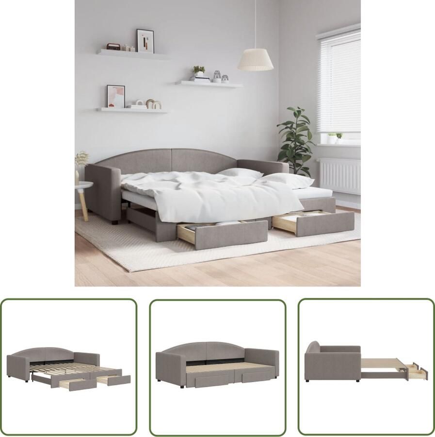 The Living Store Slaapbank met onderschuifbed en lades 100x200 cm stof taupe Slaapbank Tweepersoonsbed Opbergruimte Sofa Bed Lounge Meubilair