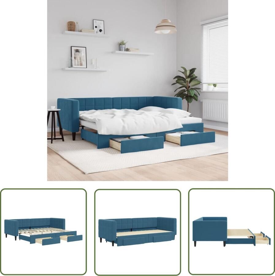 The Living Store Slaapbank met onderschuifbed en lades 80x200 cm fluweel blauw Slaapbank Tweepersoonsbed Kanapébed Boxspring Lounge Sofa