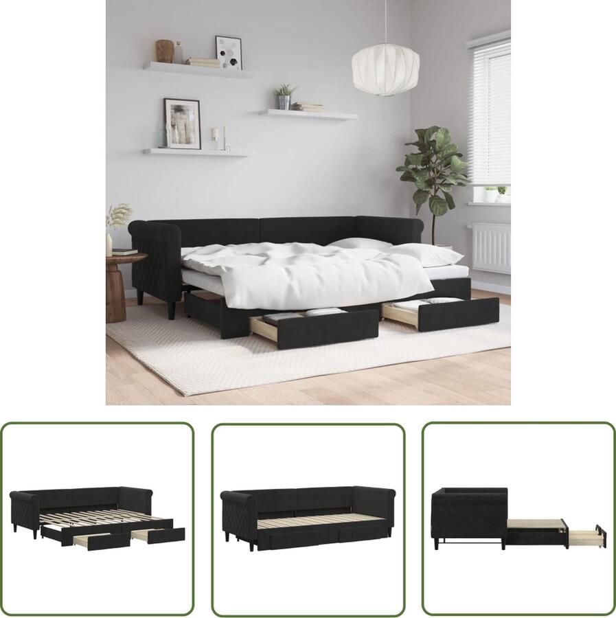 The Living Store Slaapbank Onderschuifbed 229 x 90 x 68 cm Zwart Fluweel 2-in-1 Veelzijdig Opbergruimte Modern design Matras niet inbegrepen Slaapbank Tweepersoonsbed Onderschuifbed Boxspring Lounge Sofa